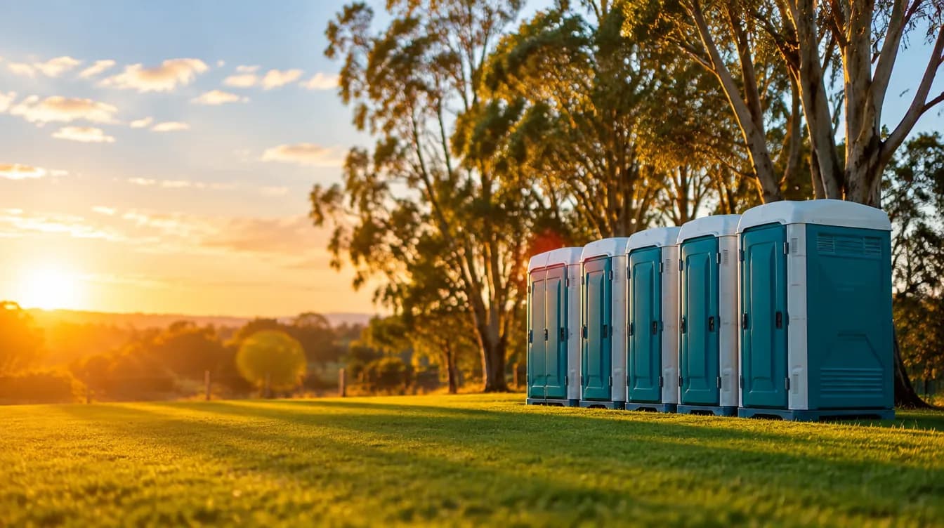 A row of clean teal portable toilet units on a lawn at golden hour, with eucalyptus trees behind