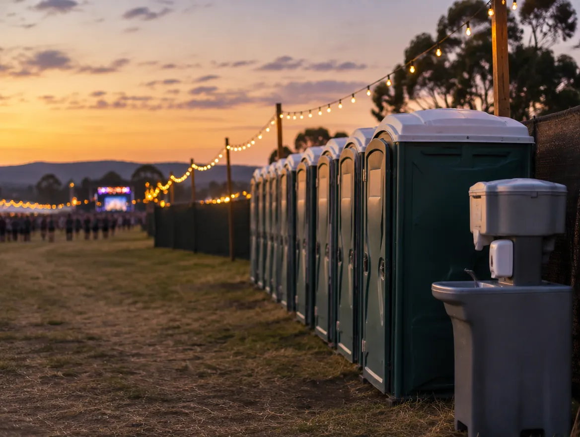A row of portable toilets and a handwash station at a festival at dusk